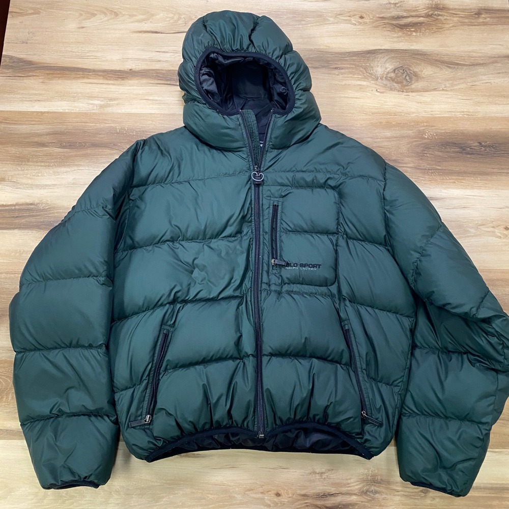 Polo Sport Ralph Lauren Puffer Jacket XL Vintage Down Hooded Parka Green 90s